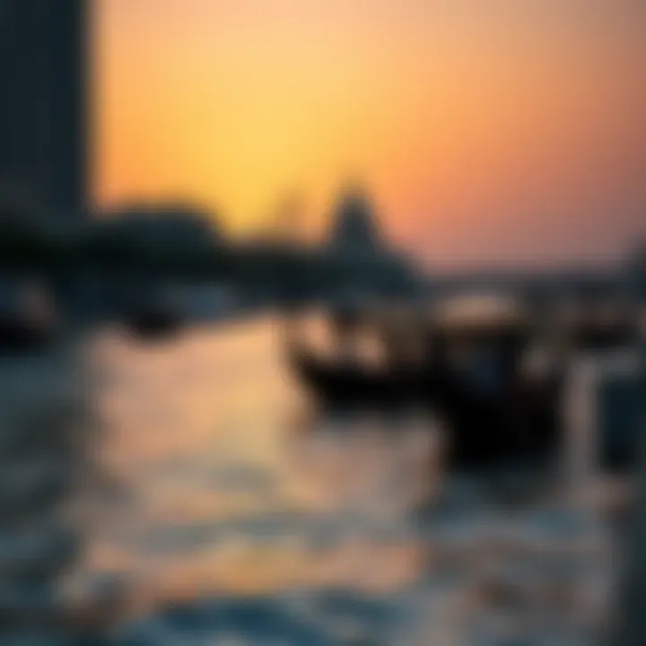 Sunset Serenity at Dubai Creek A scenic view of Dubai Creek at sunset with traditional abra boats