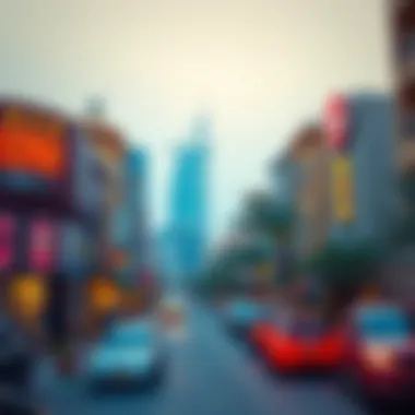 Vibrant neighborhood scene showcasing local attractions and hotels