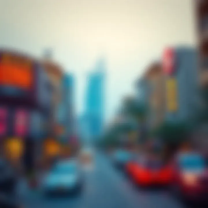 Vibrant neighborhood scene showcasing local attractions and hotels