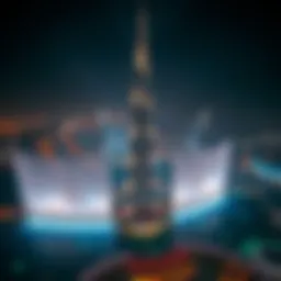 A stunning aerial view of the Burj Khalifa illuminated at night during the water show.