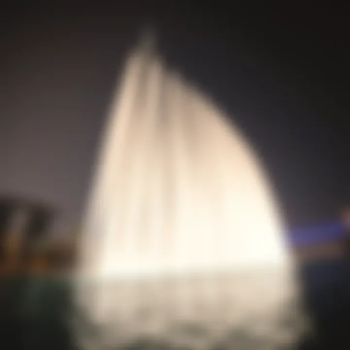 Choreographed Water Jets at Burj Khalifa A close-up of the intricate water jets choreographed to music at the Burj Khalifa.