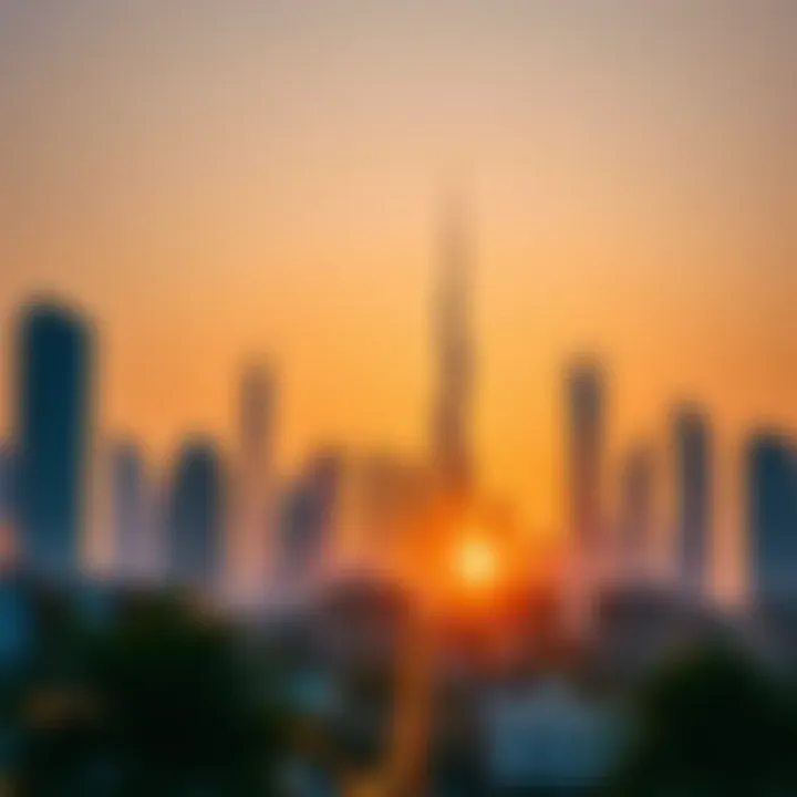 Dubai Skyline at Iftar A serene sunset over Dubai skyline signaling Iftar time