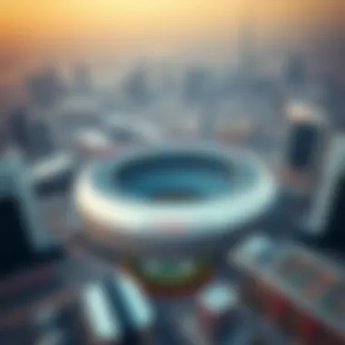 Etihad Arena Amidst the Dubai Skyline Aerial view of Etihad Arena surrounded by Dubai skyline