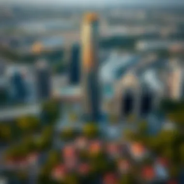 View of Meydan One Tower surrounded by greenery and urban landscape