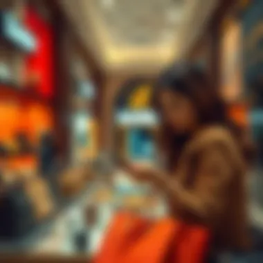 Luxury Items at Outlet Stores A shopper exploring a luxury item at an outlet store with branded products on display
