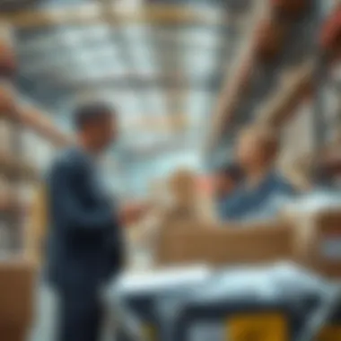Logistics Strategy Discussion in Warehousing Business professionals discussing logistics strategies within a modern warehousing environment.