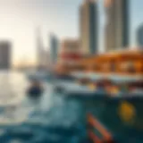 A stunning view of Dubai Marina with water taxis docked