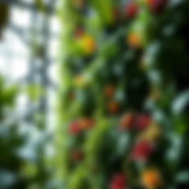 Biodiversity in Vertical Gardens A close-up of diverse plant species within a vertical garden, illustrating biodiversity and ecological benefits