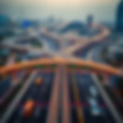 Overview of Salik Toll System in Dubai Aerial view of Dubai highways with Salik toll gantries