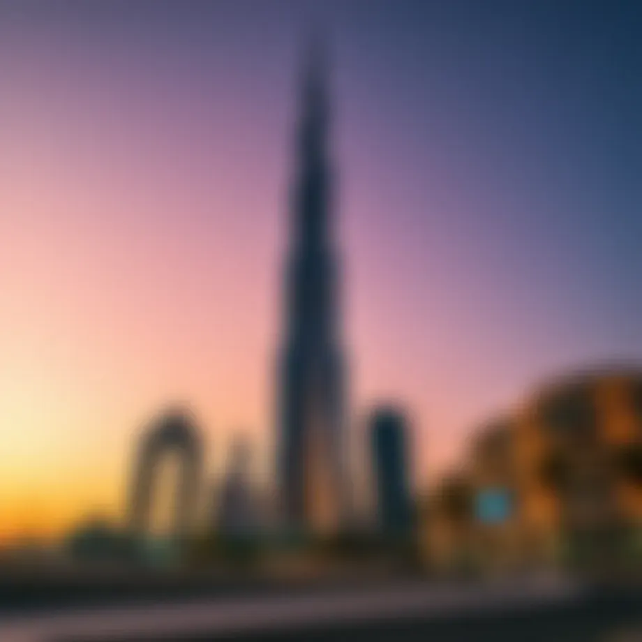 A stunning view of the Burj Khalifa against a sunset backdrop